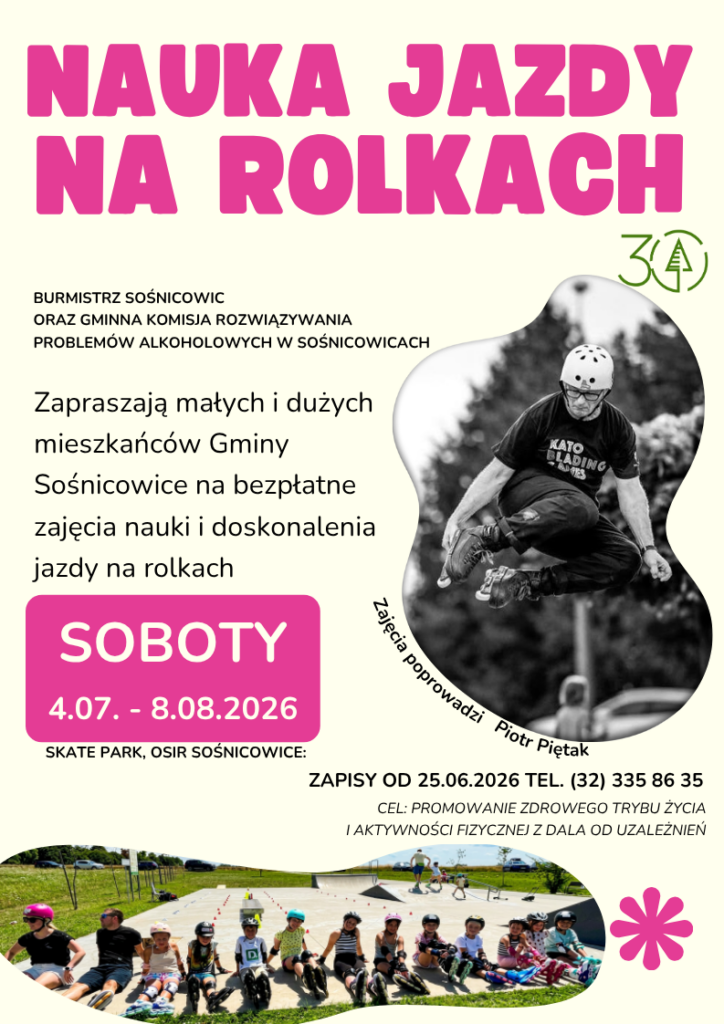 plakat promujący zajęcia nauki jazdy na rolkach